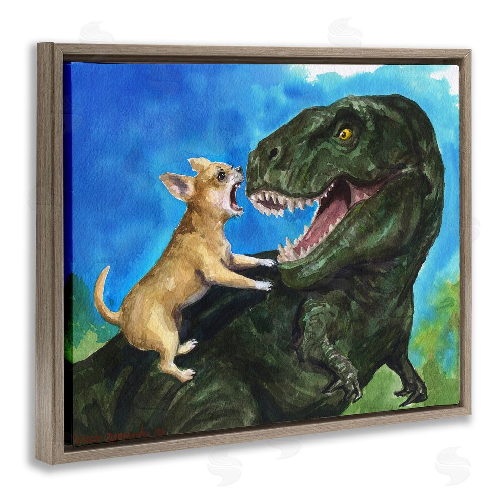 George Dyachenko Chihuahua Vs T-Rex Battle Brown Floating Frame Canvas Wall Art Print