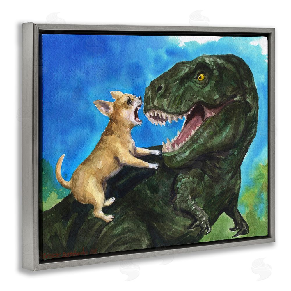 George Dyachenko Chihuahua Vs T-Rex Battle Gray Floating Frame Canvas Wall Art Print