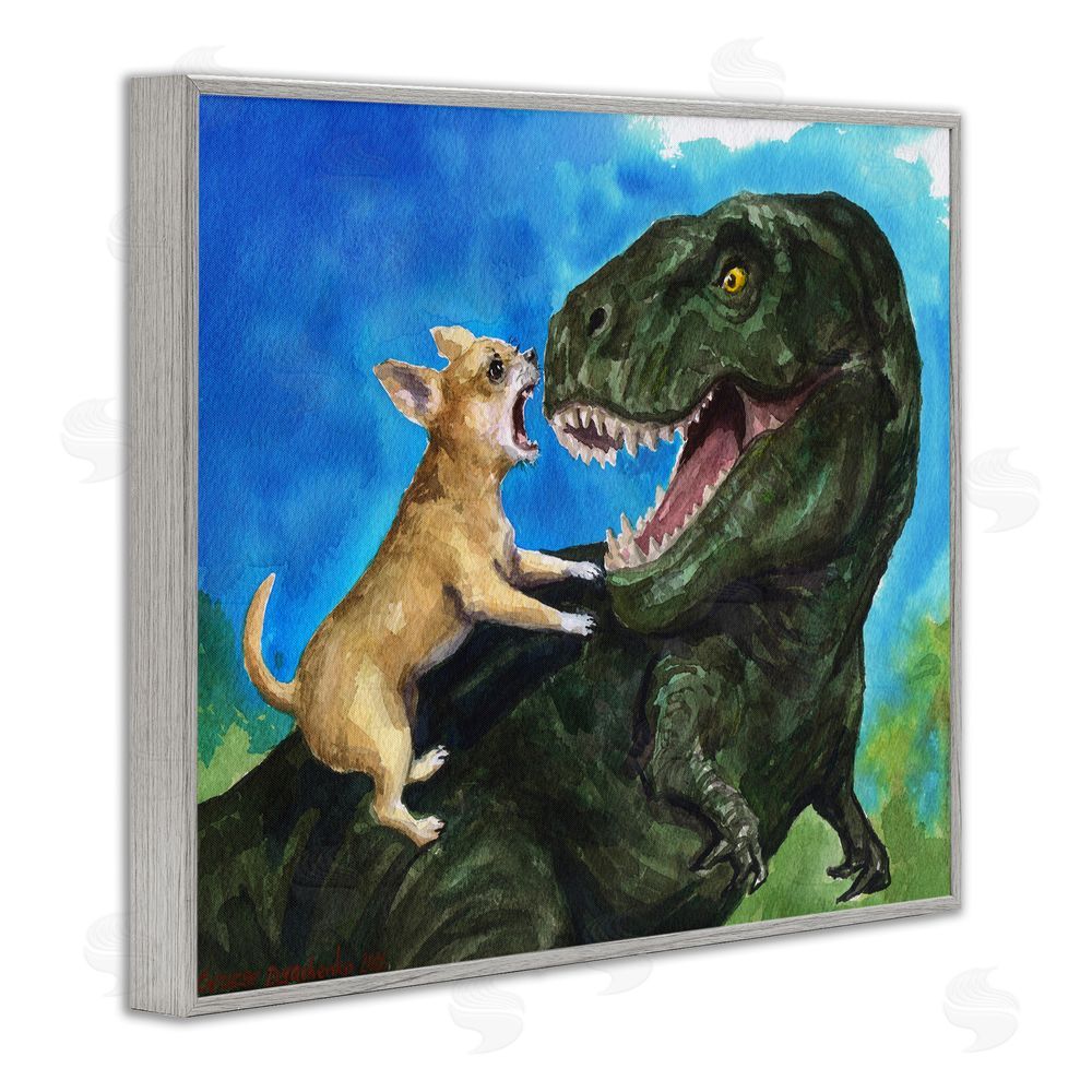George Dyachenko Chihuahua Vs T-Rex Battle Gray Framed Giclee Wall Art Print