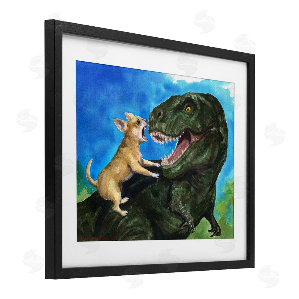 George Dyachenko Chihuahua Vs T-Rex Battle Black Framed Print Under Glass Wall Art