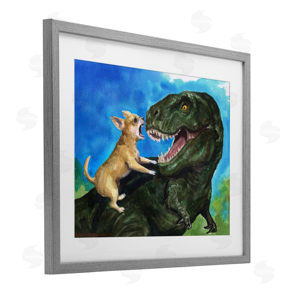 George Dyachenko Chihuahua Vs T-Rex Battle Gray Framed Print Under Glass Wall Art