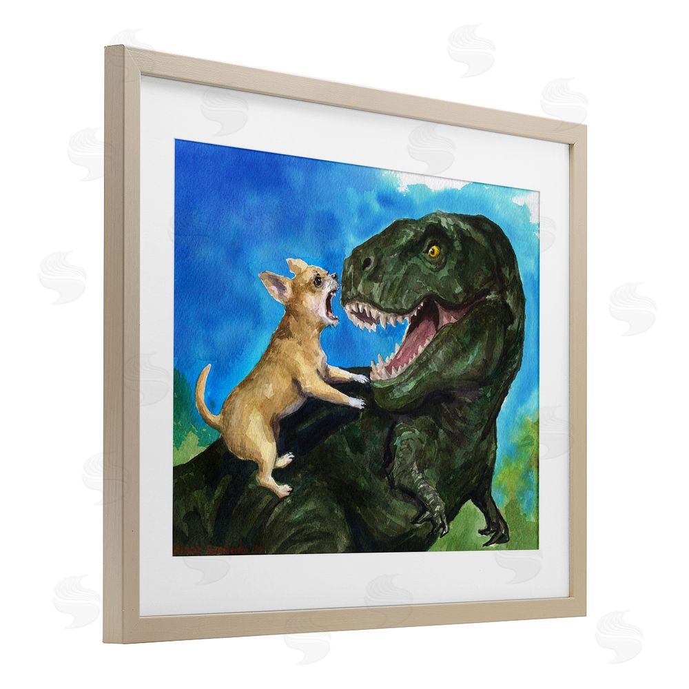 George Dyachenko Chihuahua Vs T-Rex Battle Brown Framed Print Under Glass Wall Art