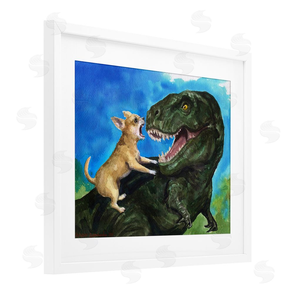 George Dyachenko Chihuahua Vs T-Rex Battle White Framed Print Under Glass Wall Art