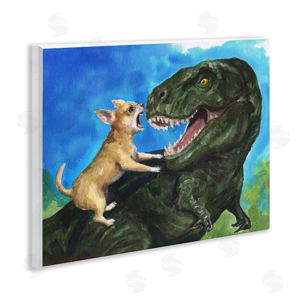 George Dyachenko Chihuahua Vs T-Rex Battle Wooden Wall Plaque Art Print