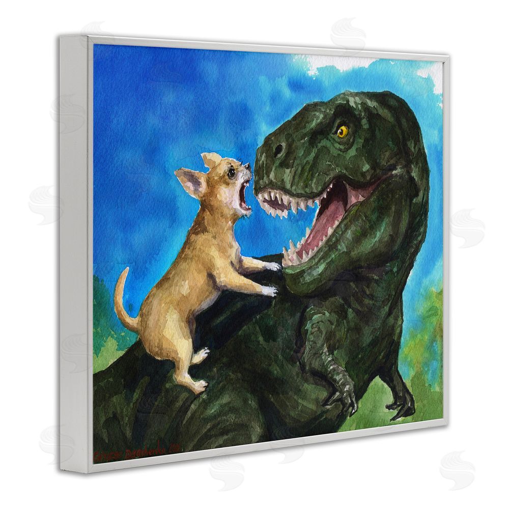 George Dyachenko Chihuahua Vs T-Rex Battle White Framed Giclee Wall Art Print