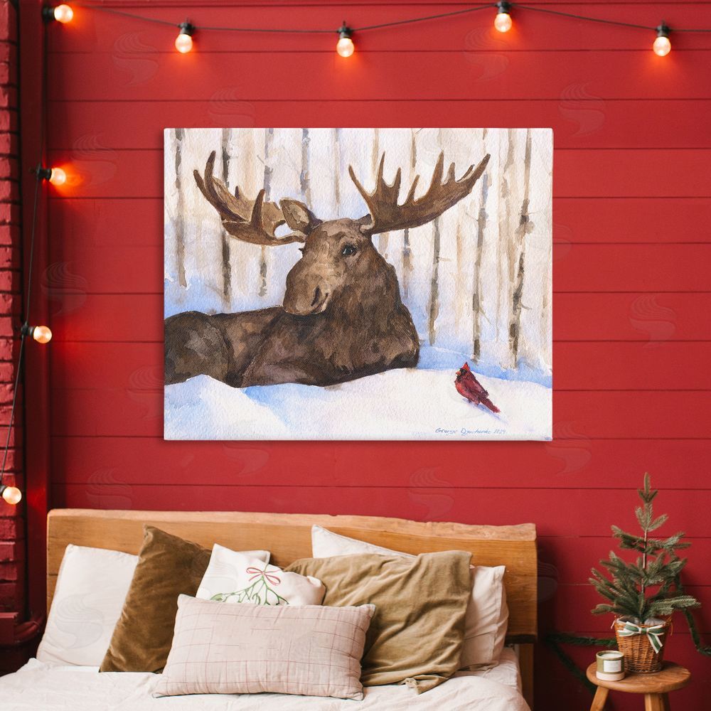 George Dyachenko Moose & Red Cardinal Stretched Canvas Wall Art in Room