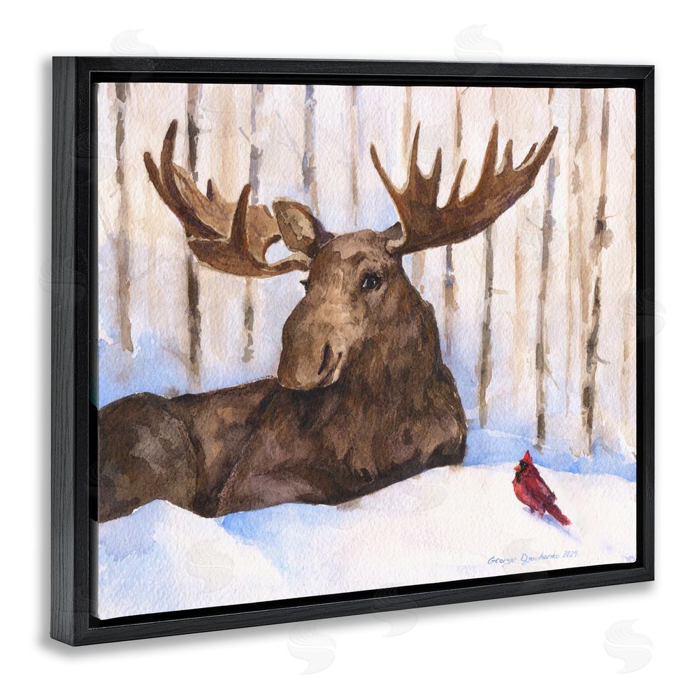 George Dyachenko Moose & Red Cardinal Black Floating Framed Canvas Wall Art