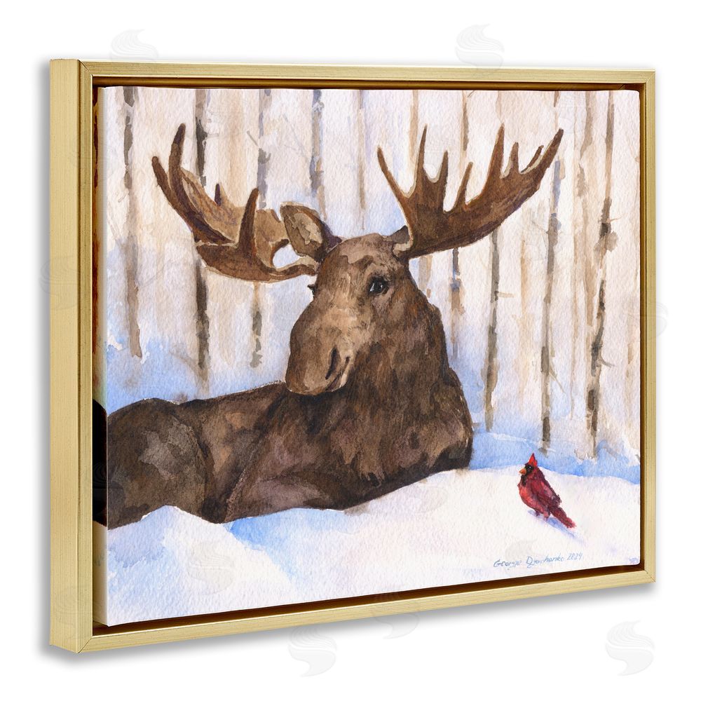 George Dyachenko Moose & Red Cardinal Gold Floating Framed Canvas Wall Art