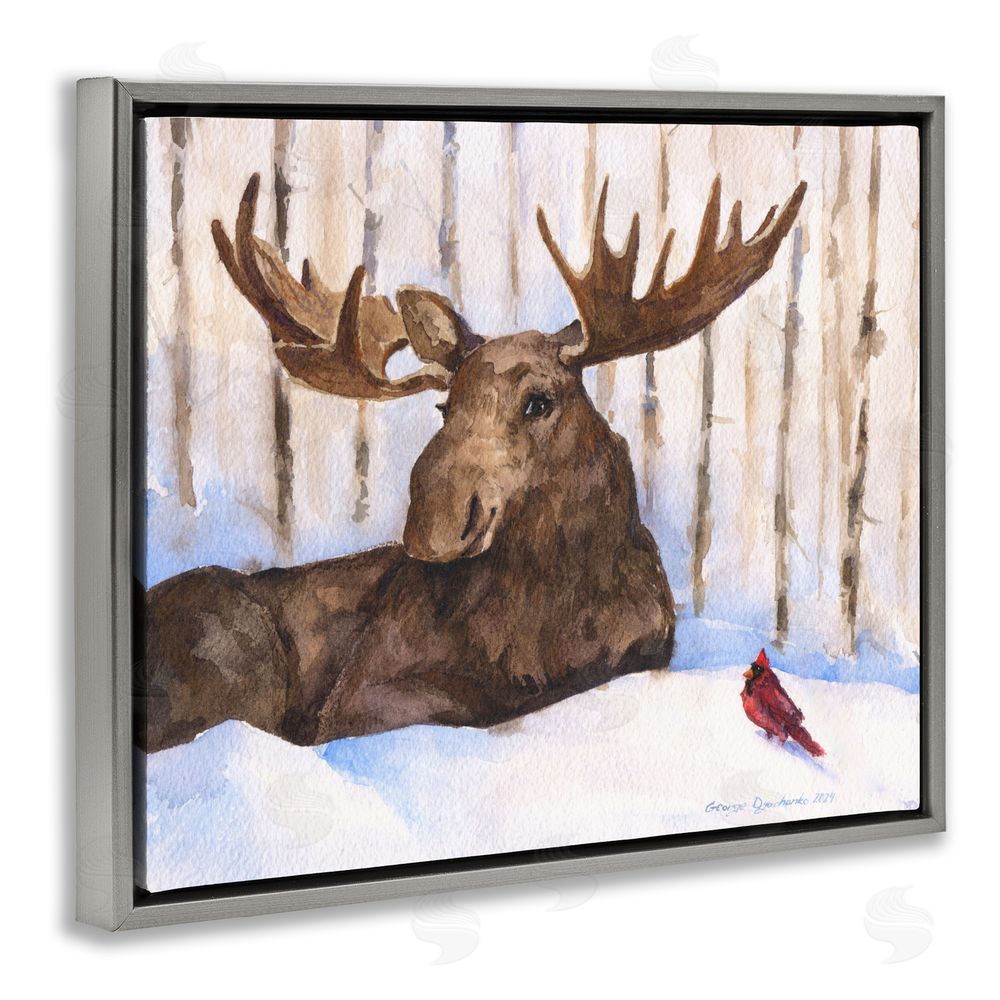 George Dyachenko Moose & Red Cardinal Gray Floating Framed Canvas Wall Art