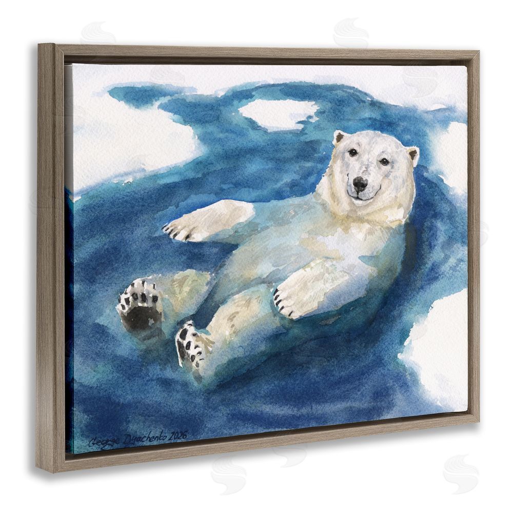 George Dyachenko Polar Bear Icy Bath Time Brown Floating Framed Canvas Wall Art