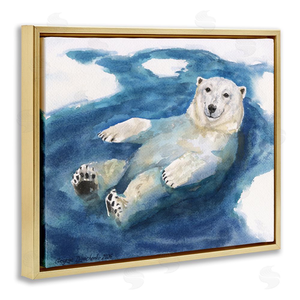 George Dyachenko Polar Bear Icy Bath Time Gold Floating Framed Canvas Wall Art