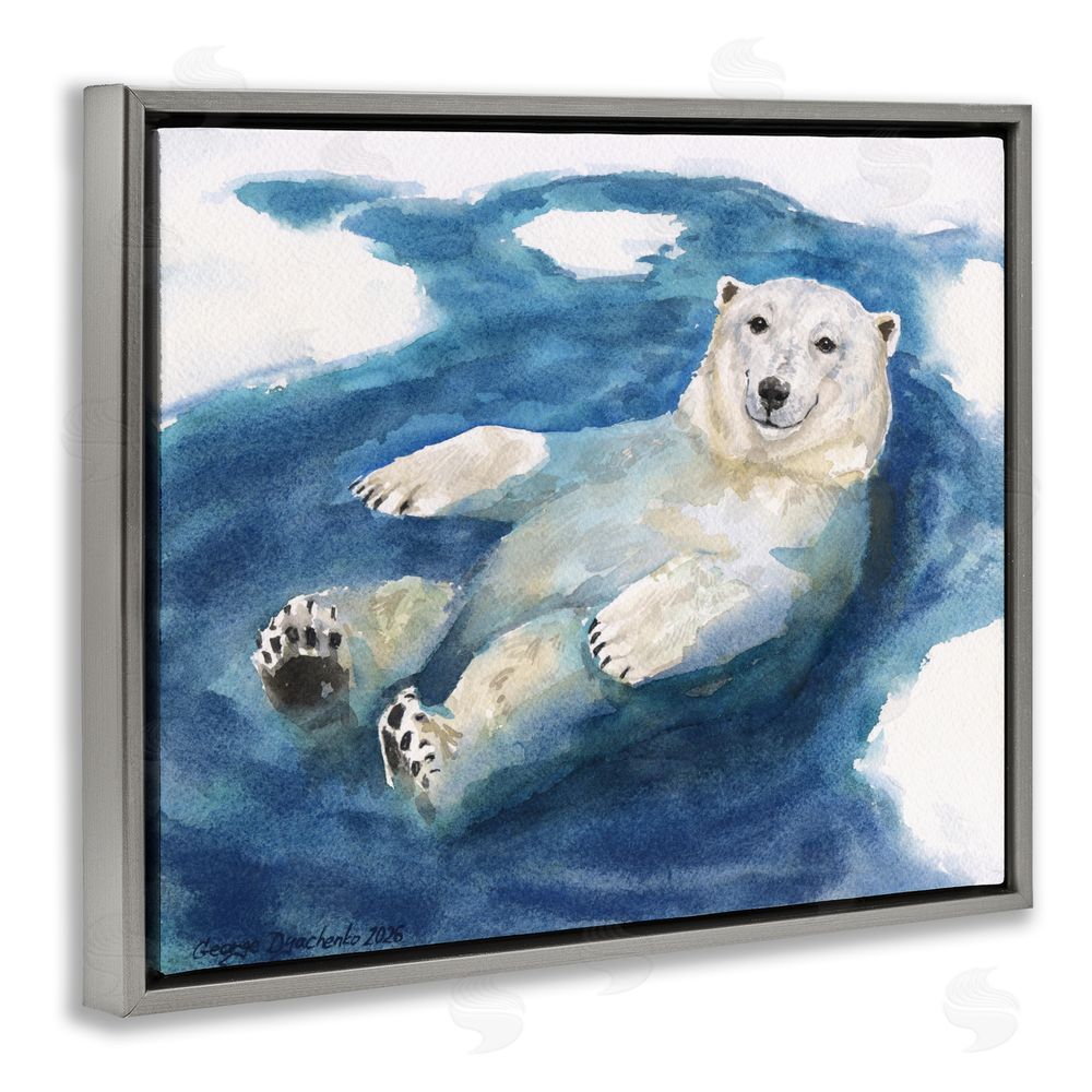 George Dyachenko Polar Bear Icy Bath Time Gray Floating Framed Canvas Wall Art