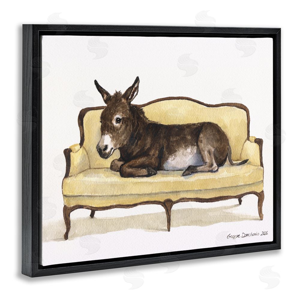 George Dyachenko Baby Donkey on Vintage Couch Black Floating Frame Canvas Wall Art Print