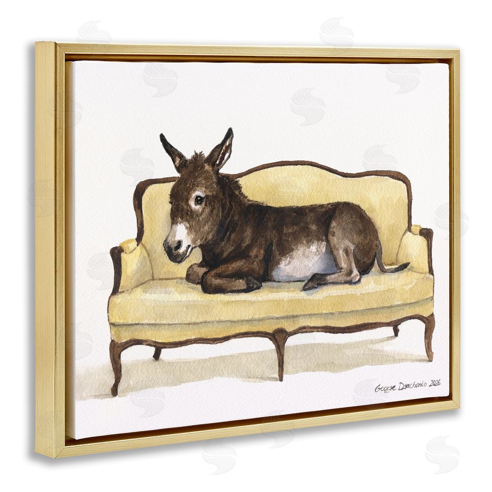 George Dyachenko Baby Donkey on Vintage Couch Gold Floating Frame Canvas Wall Art Print