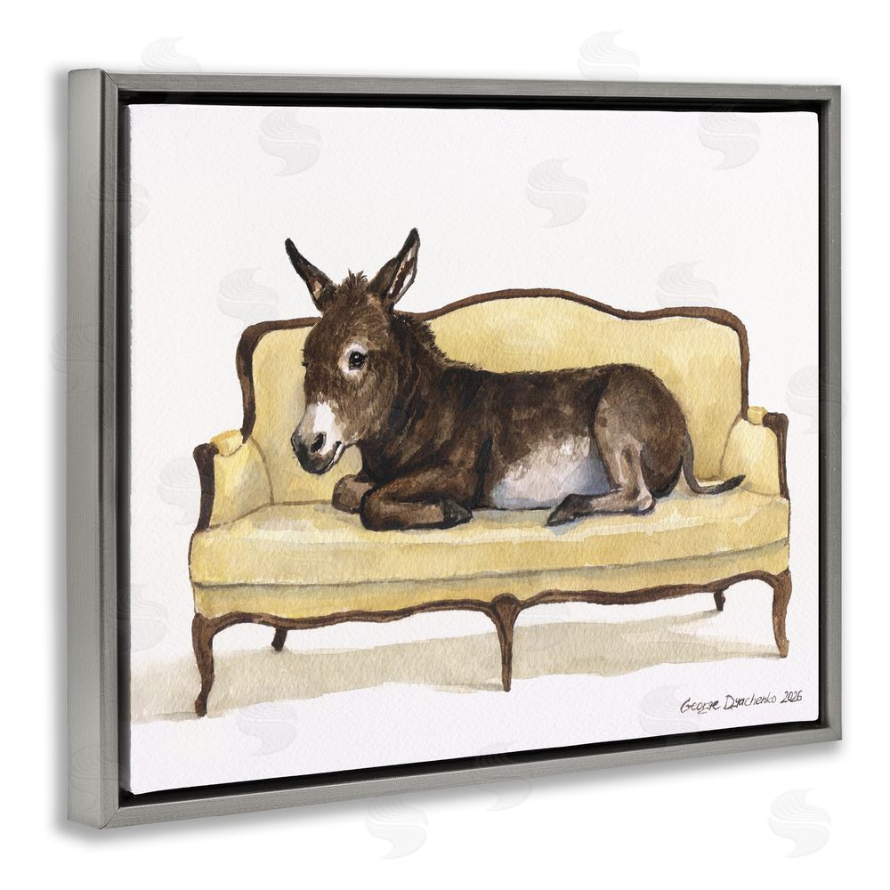George Dyachenko Baby Donkey on Vintage Couch Gray Floating Frame Canvas Wall Art Print