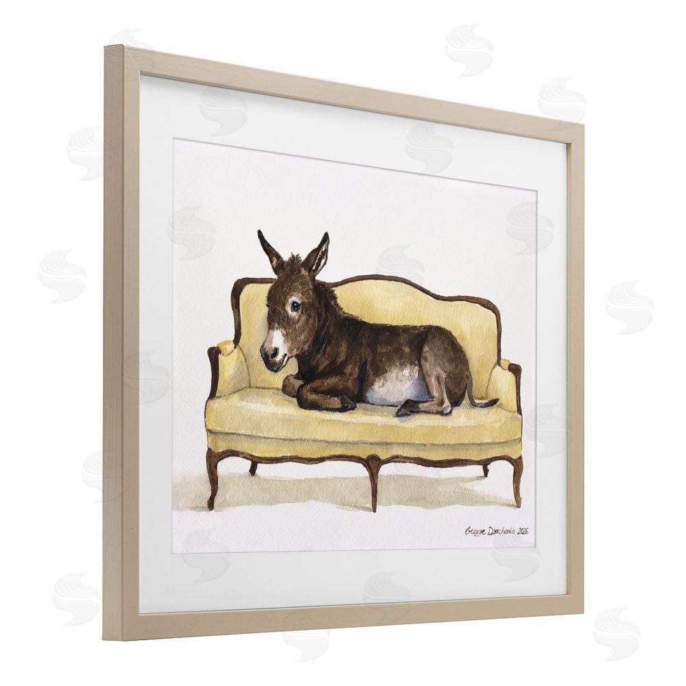 George Dyachenko Baby Donkey on Vintage Couch Brown Framed Print Under Glass Wall Art