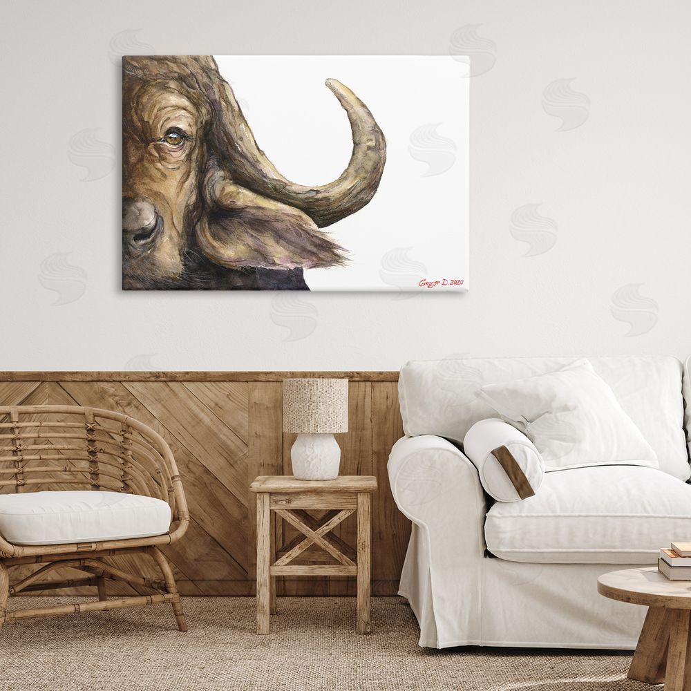 George Dyachenko Buffalo with Curved Horn Stretched Canvas Wall Art in Room