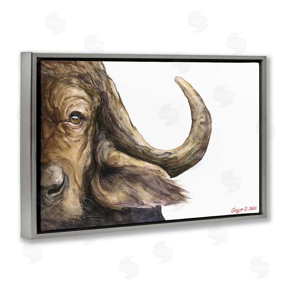 George Dyachenko Buffalo with Curved Horn Gray Floating Frame Canvas Wall Art Print