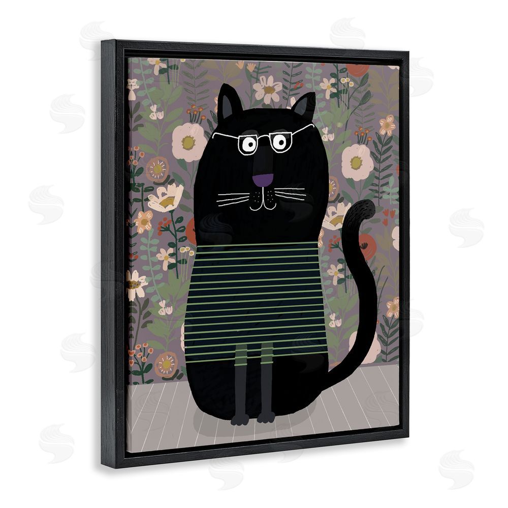 Carla Daly Cat with Stripes & Florals Black Floating Frame Canvas Wall Art Print