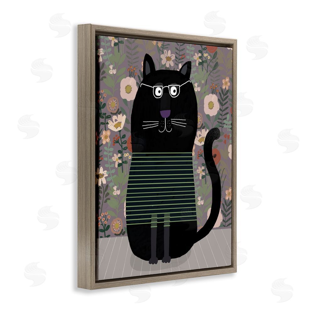 Carla Daly Cat with Stripes & Florals Brown Floating Frame Canvas Wall Art Print