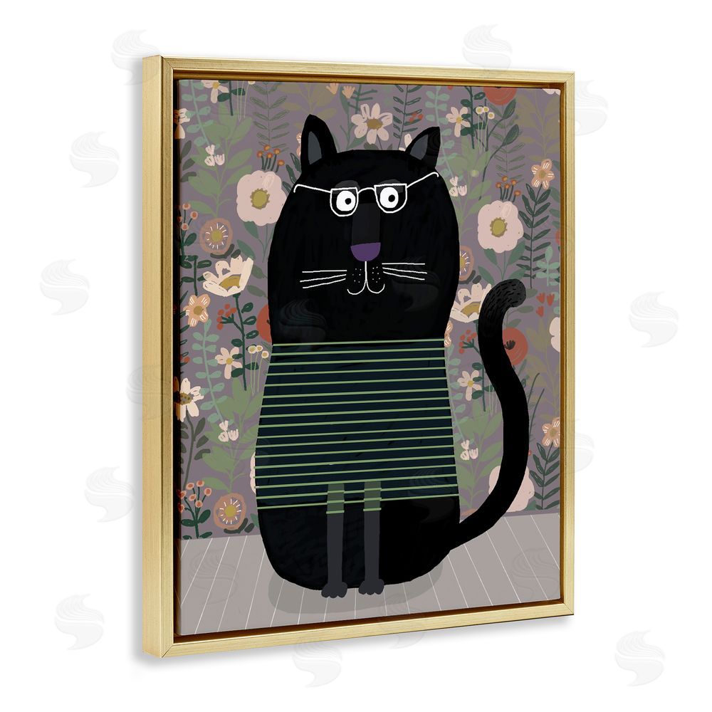 Carla Daly Cat with Stripes & Florals Gold Floating Frame Canvas Wall Art Print