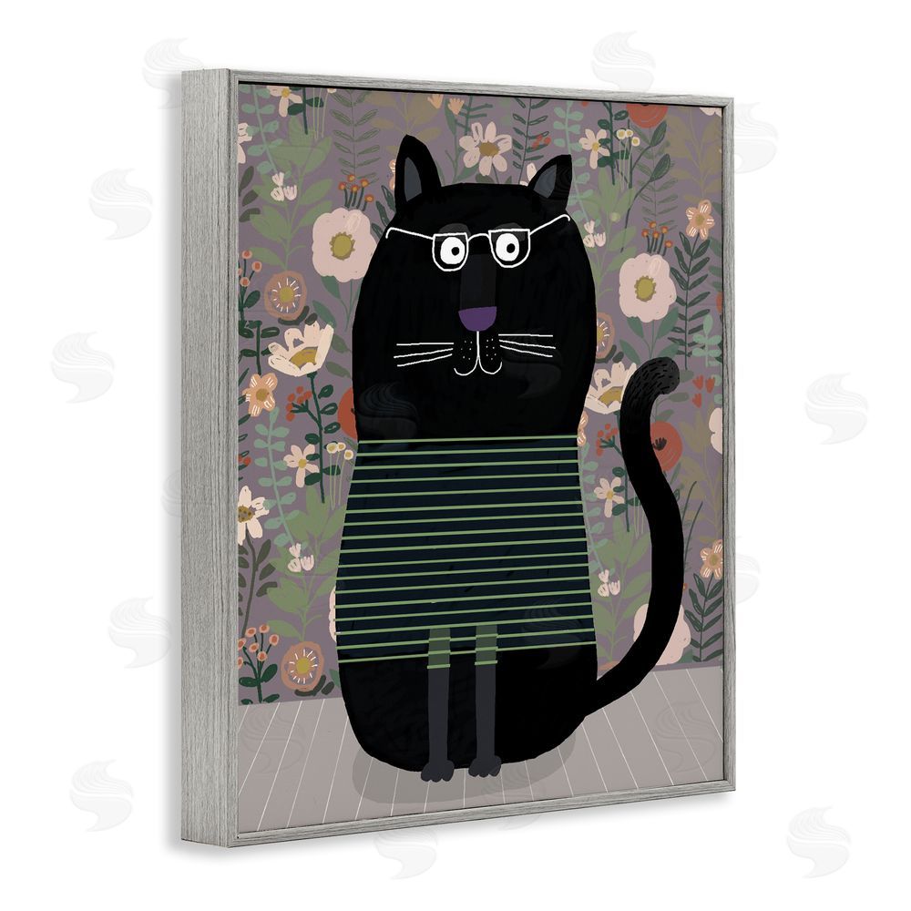 Carla Daly Cat with Stripes & Florals Gray Framed Giclee Wall Art Print