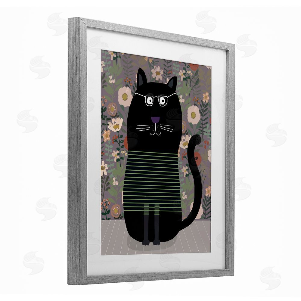 Carla Daly Cat with Stripes & Florals Gray Framed Print Under Glass Wall Art