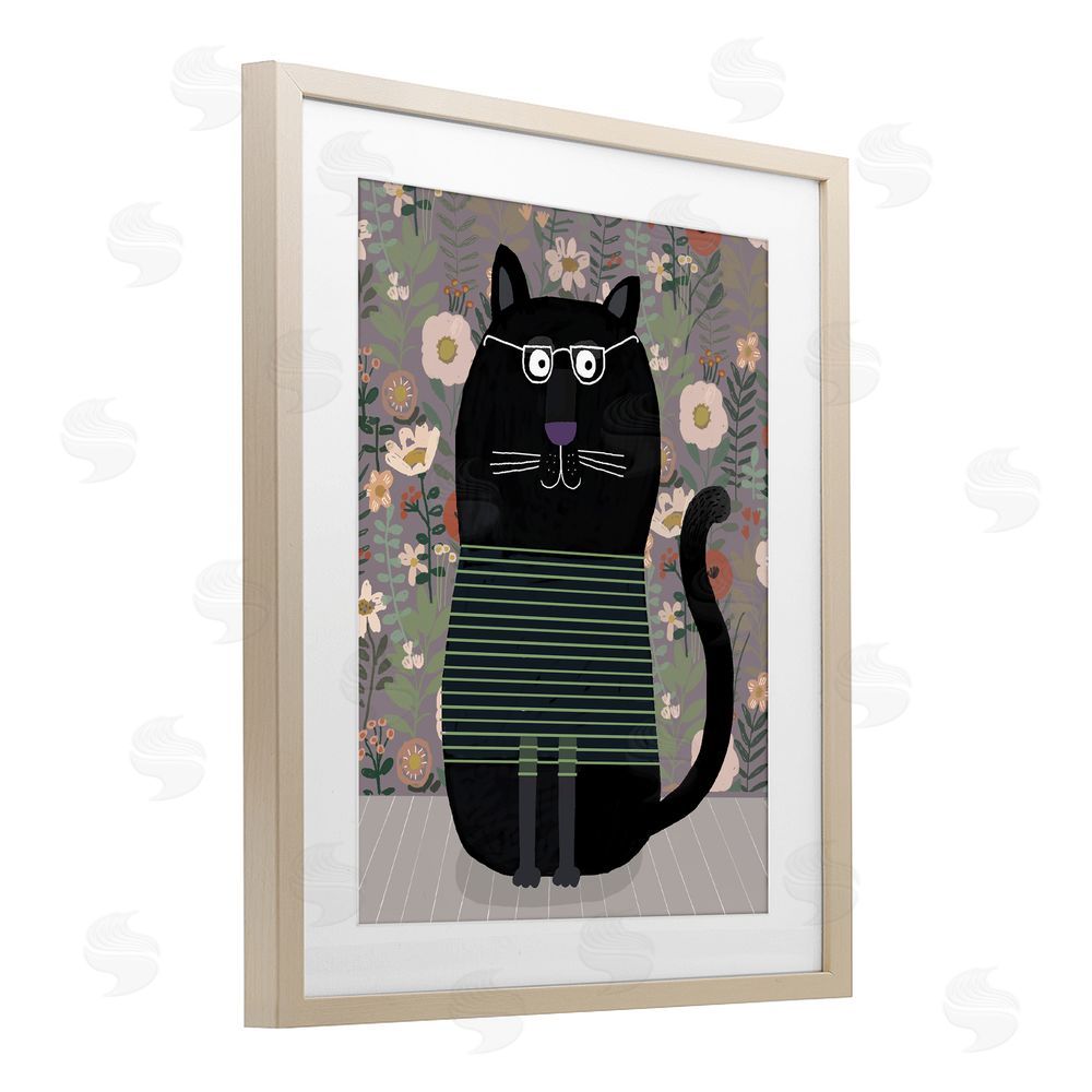 Carla Daly Cat with Stripes & Florals Brown Framed Print Under Glass Wall Art
