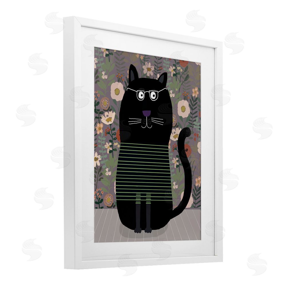 Carla Daly Cat with Stripes & Florals White Framed Print Under Glass Wall Art