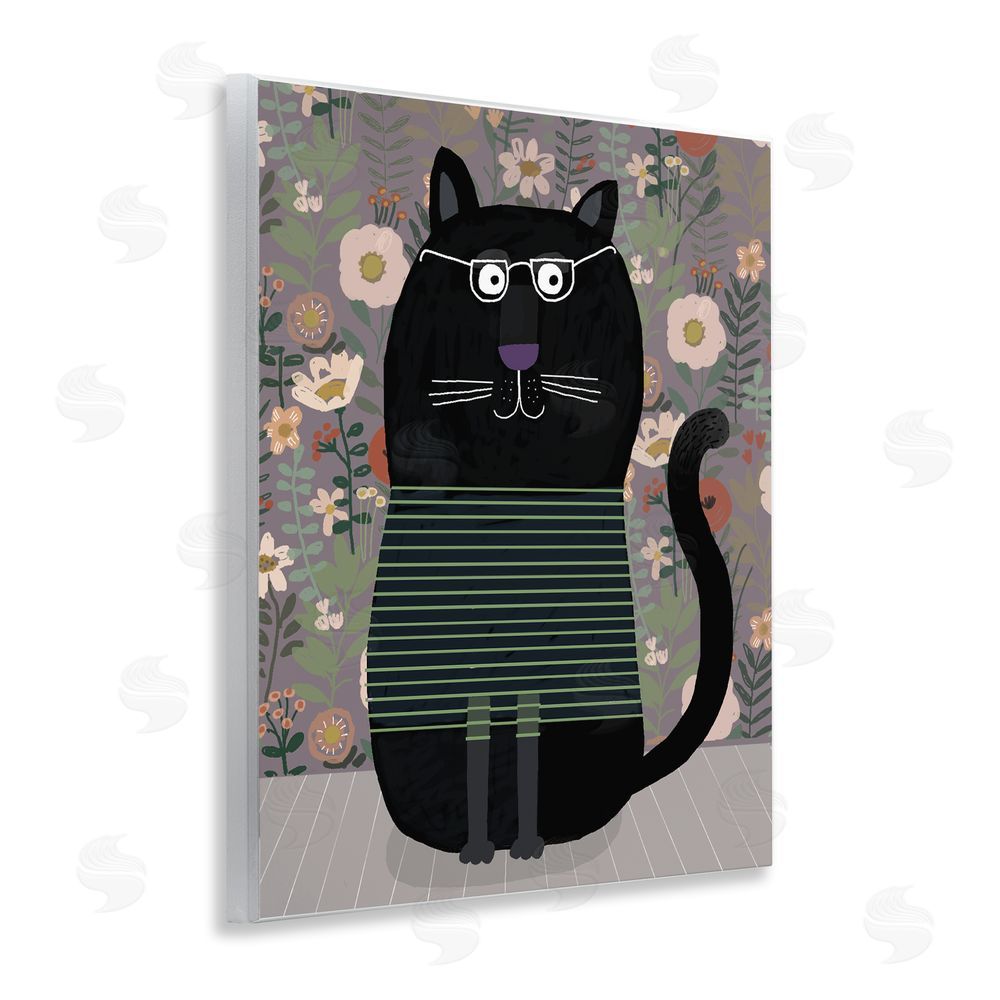 Carla Daly Cat with Stripes & Florals Wooden Wall Plaque Art Print