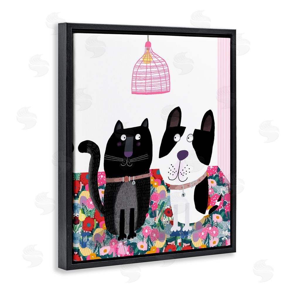 Carla Daly Cat & Dog with Eclectic Florals Black Floating Frame Canvas Wall Art Print