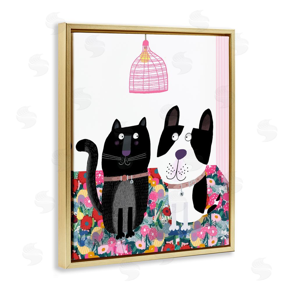 Carla Daly Cat & Dog with Eclectic Florals Gold Floating Frame Canvas Wall Art Print