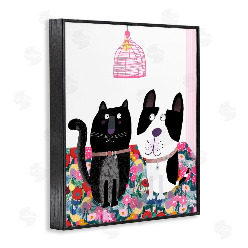 Carla Daly Cat & Dog with Eclectic Florals Black Framed Giclee Wall Art Print