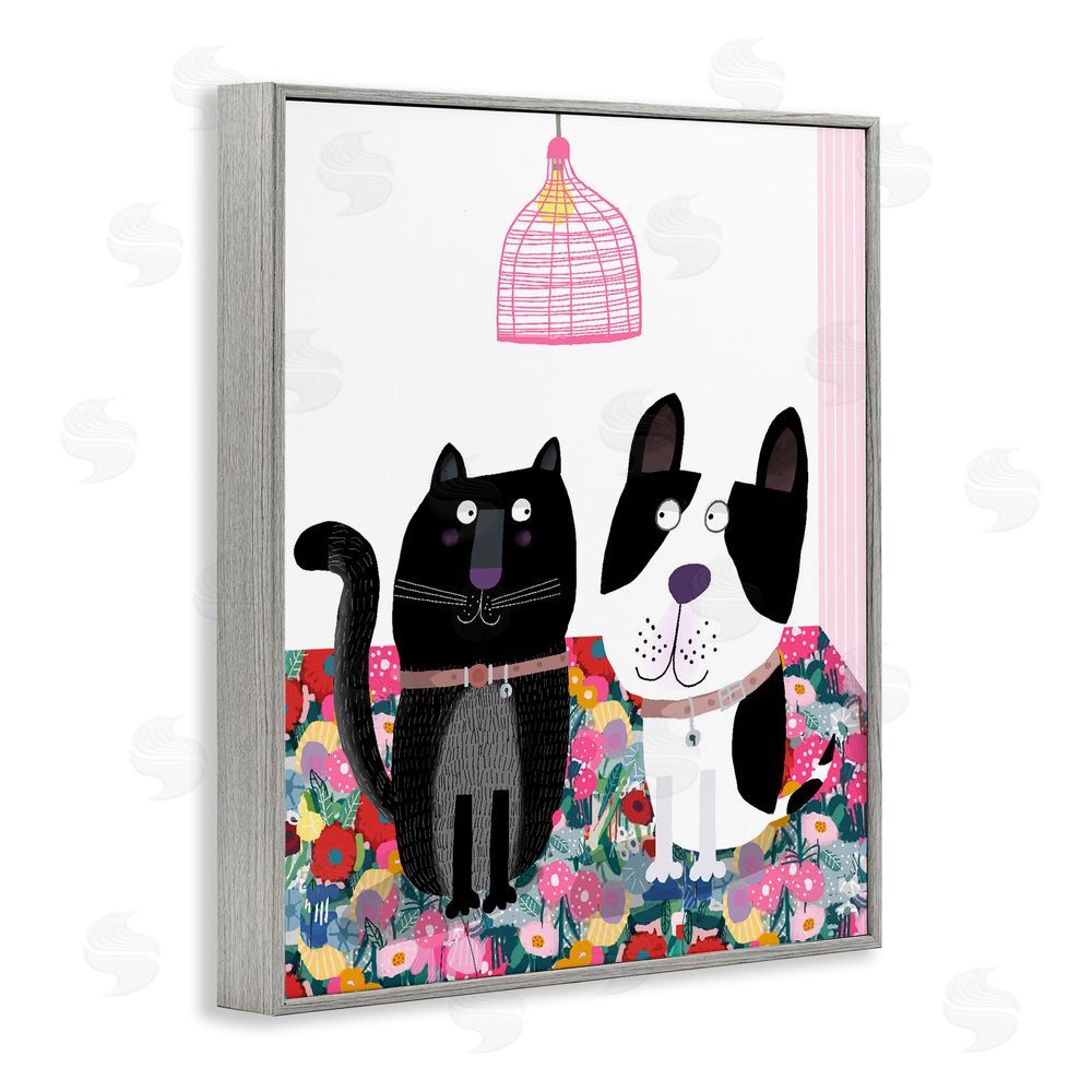 Carla Daly Cat & Dog with Eclectic Florals Gray Framed Giclee Wall Art Print