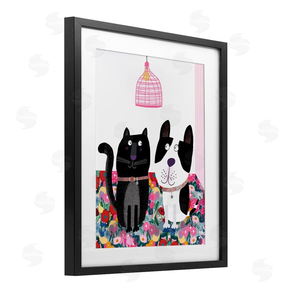 Carla Daly Cat & Dog with Eclectic Florals Black Framed Print Under Glass Wall Art