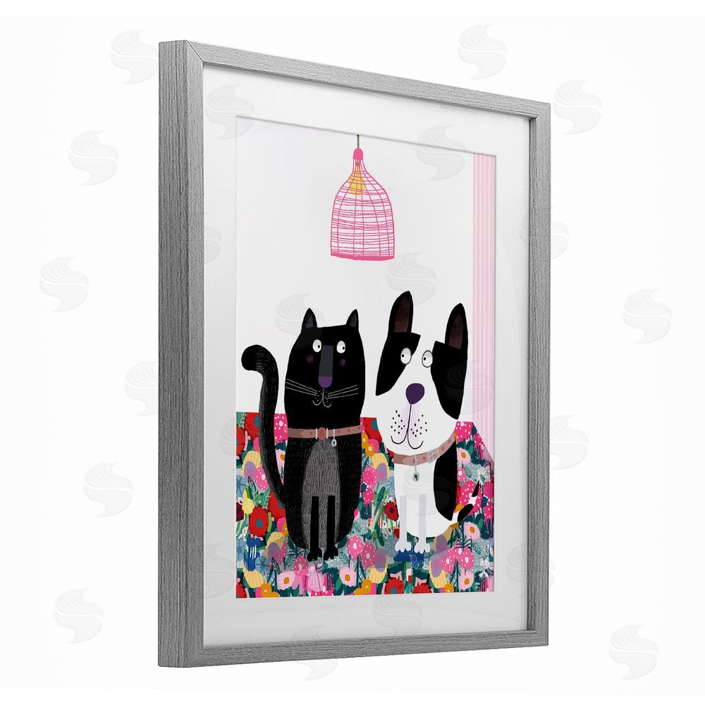 Carla Daly Cat & Dog with Eclectic Florals Gray Framed Print Under Glass Wall Art