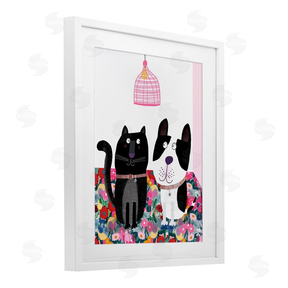 Carla Daly Cat & Dog with Eclectic Florals White Framed Print Under Glass Wall Art