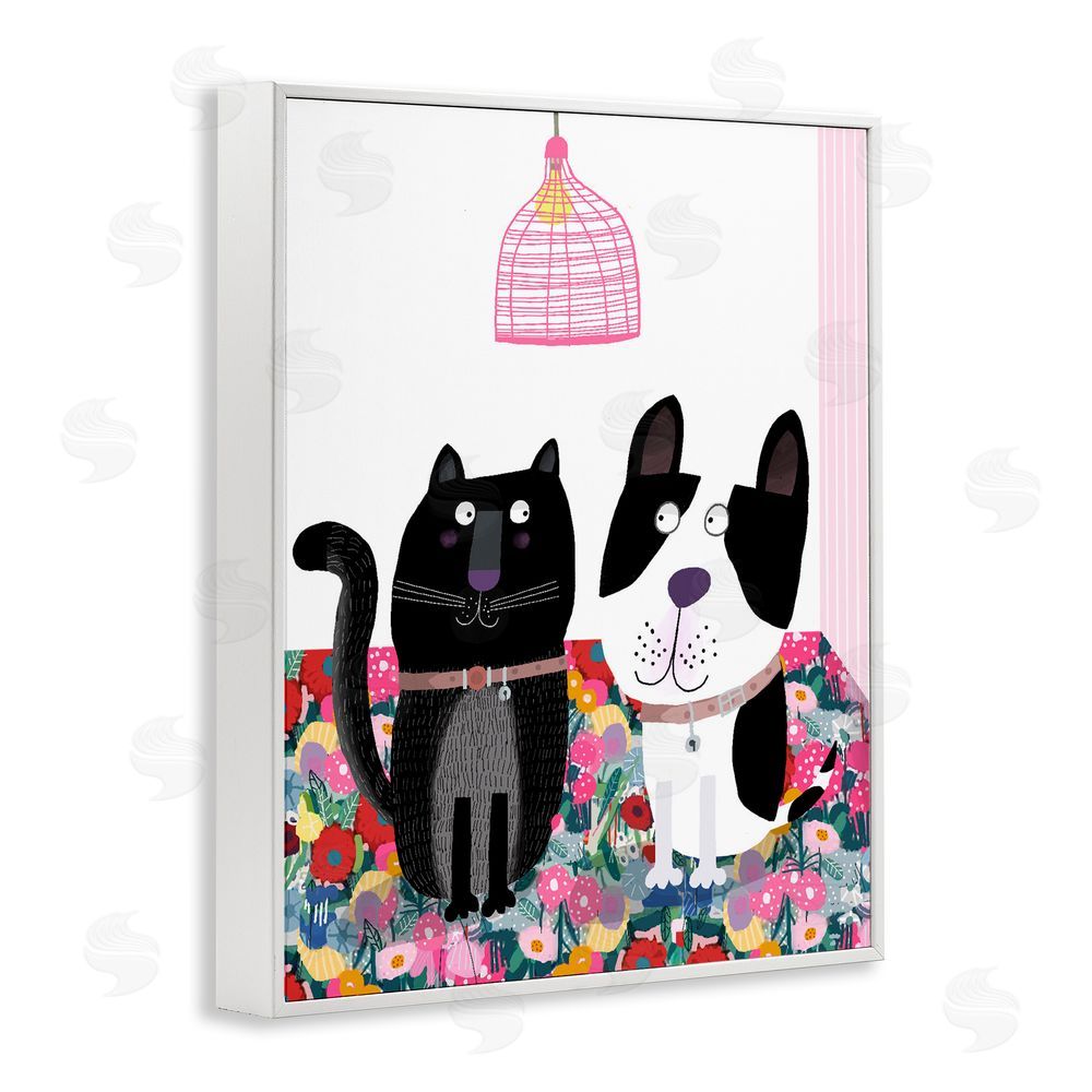 Carla Daly Cat & Dog with Eclectic Florals White Framed Giclee Wall Art Print