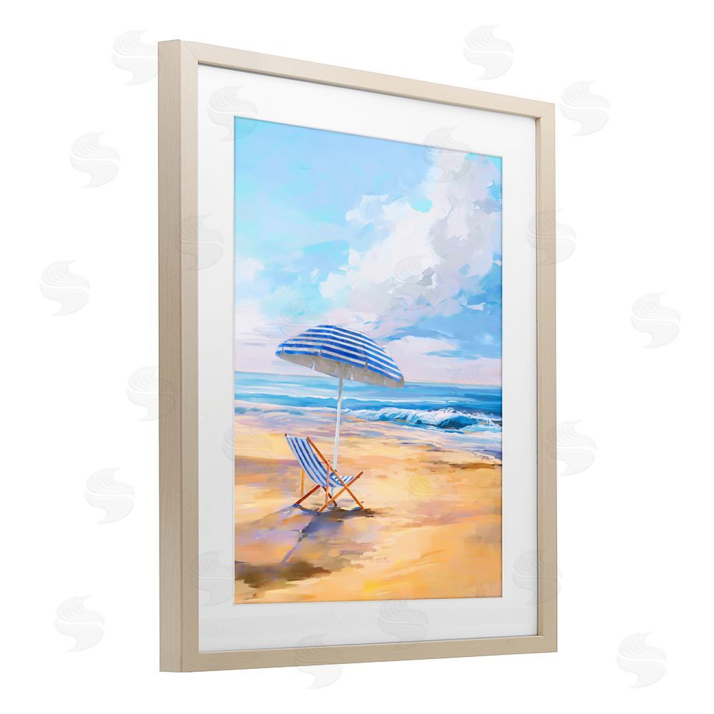 Ziwei Li Blue Beach Chair Relaxation Brown Framed Print Under Glass Wall Art