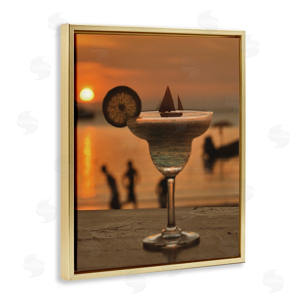 Lil' Rue Coastal Margarita Silhouette Gold Floating Frame Canvas Wall Art Print
