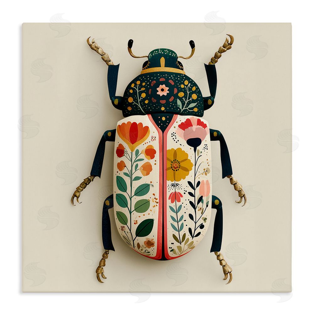 A Barefoot Stylist Boho Beetle with Florals Stretched Canvas Wall Art Print