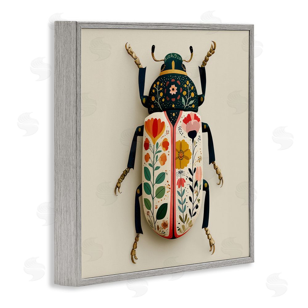 A Barefoot Stylist Boho Beetle with Florals Gray Framed Giclee Wall Art Print