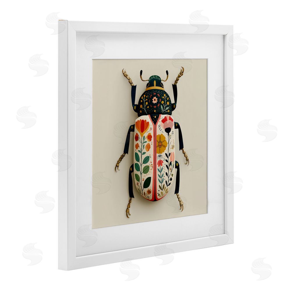 A Barefoot Stylist Boho Beetle with Florals White Framed Print Under Glass Wall Art