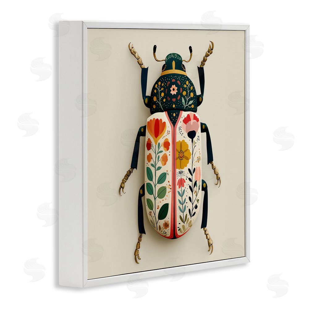 A Barefoot Stylist Boho Beetle with Florals White Framed Giclee Wall Art Print