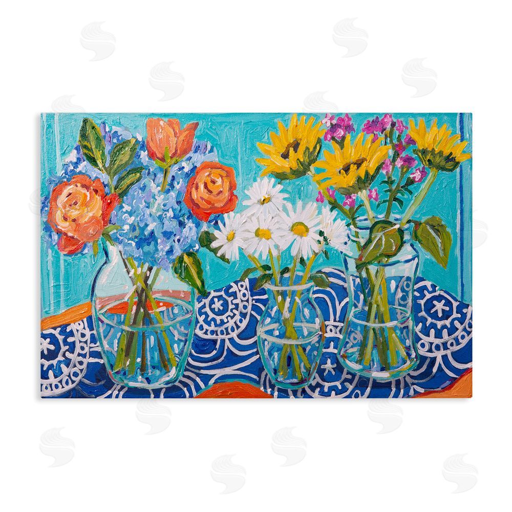 Mandy Buchanan Blooming Vases on Tablecloth Stretched Canvas Wall Art Print