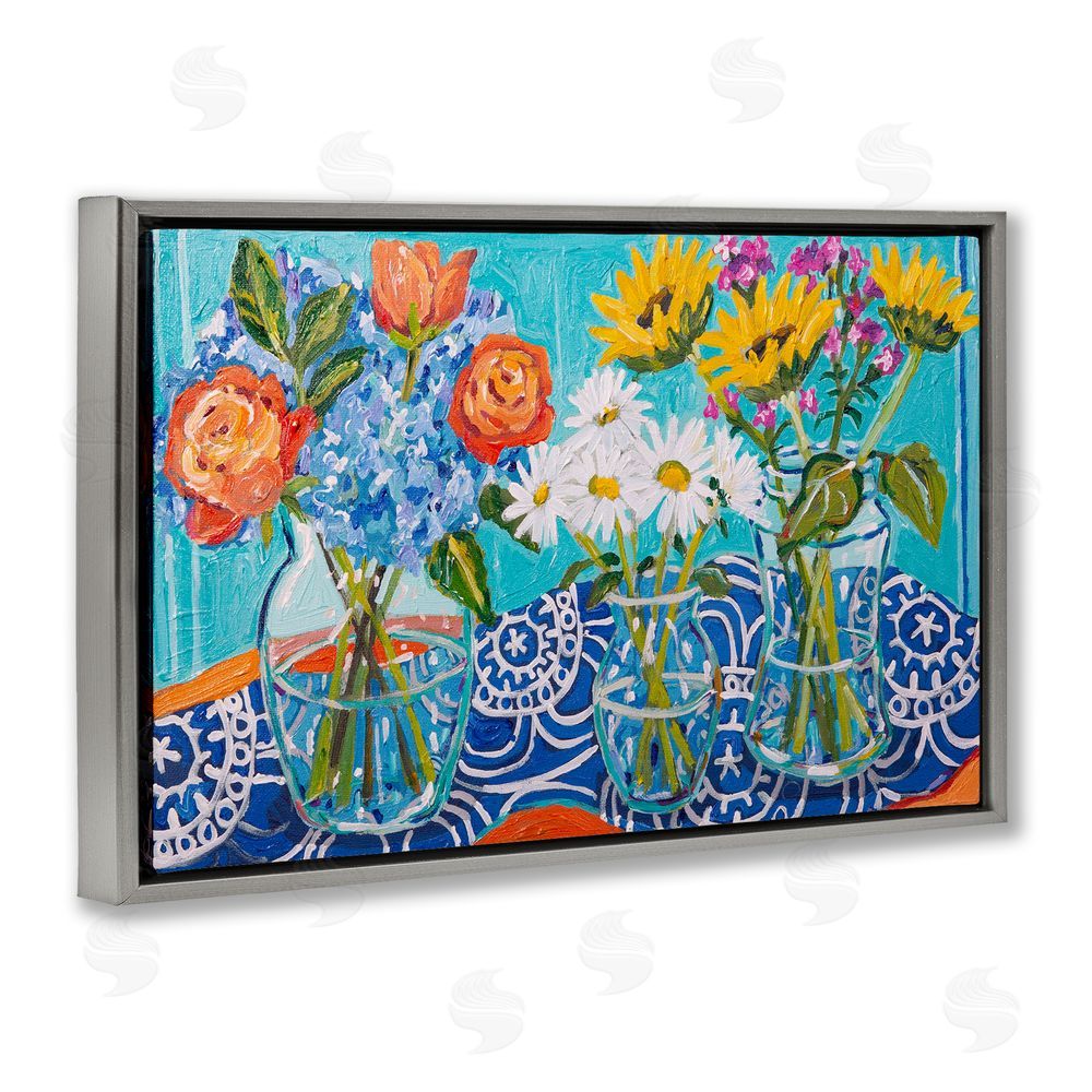 Mandy Buchanan Blooming Vases on Tablecloth Gray Floating Frame Canvas Wall Art Print