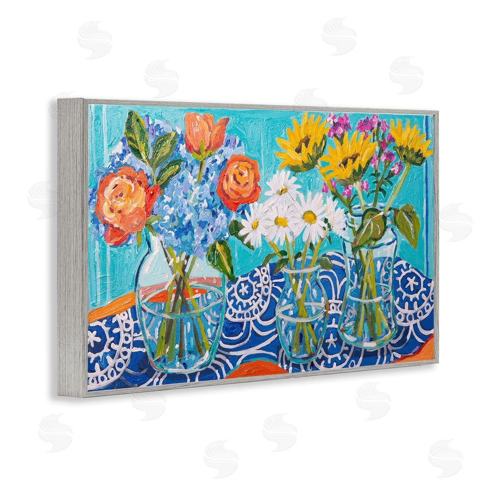 Mandy Buchanan Blooming Vases on Tablecloth Gray Framed Giclee Wall Art Print