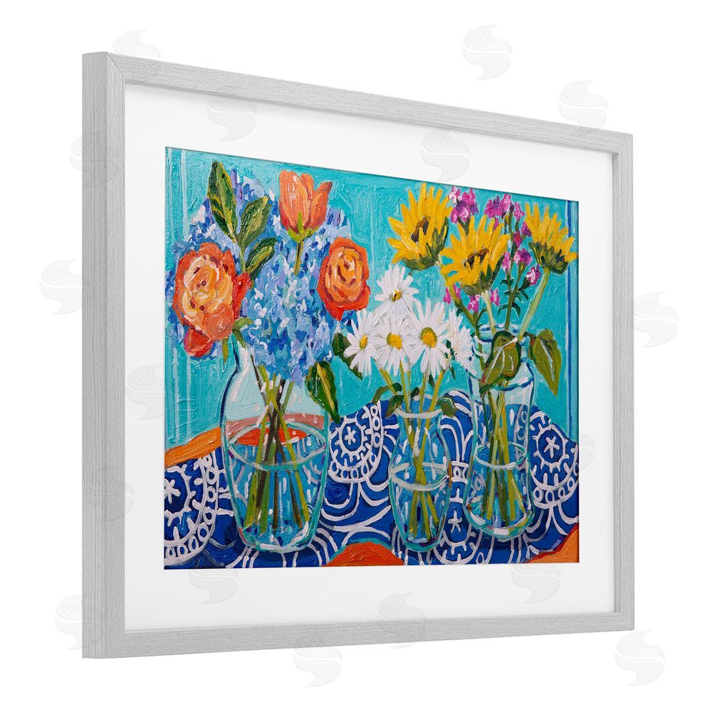 Mandy Buchanan Blooming Vases on Tablecloth Gray Framed Print Under Glass Wall Art