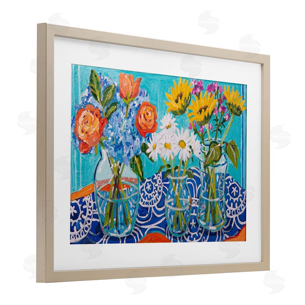 Mandy Buchanan Blooming Vases on Tablecloth Brown Framed Print Under Glass Wall Art