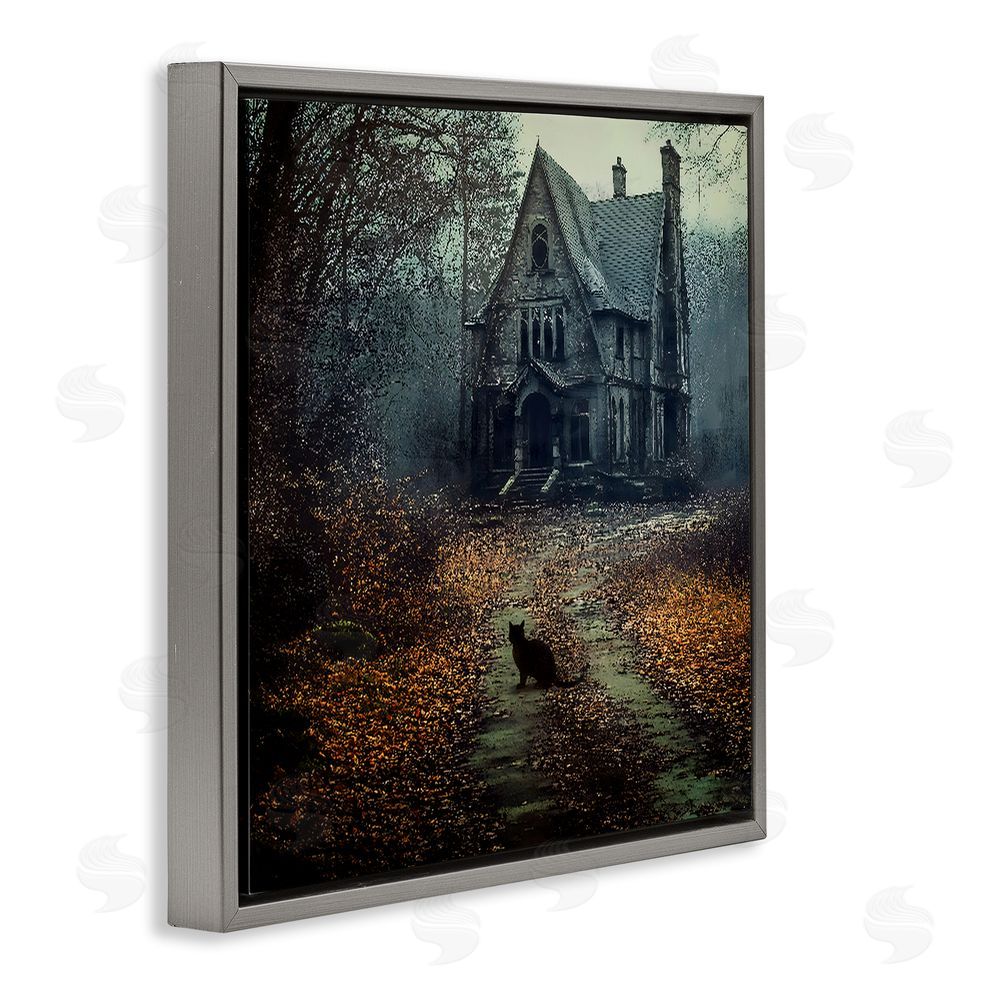 Jacky Ngan Cat at Eerie Haunted Mansion Gray Floating Frame Canvas Wall Art Print